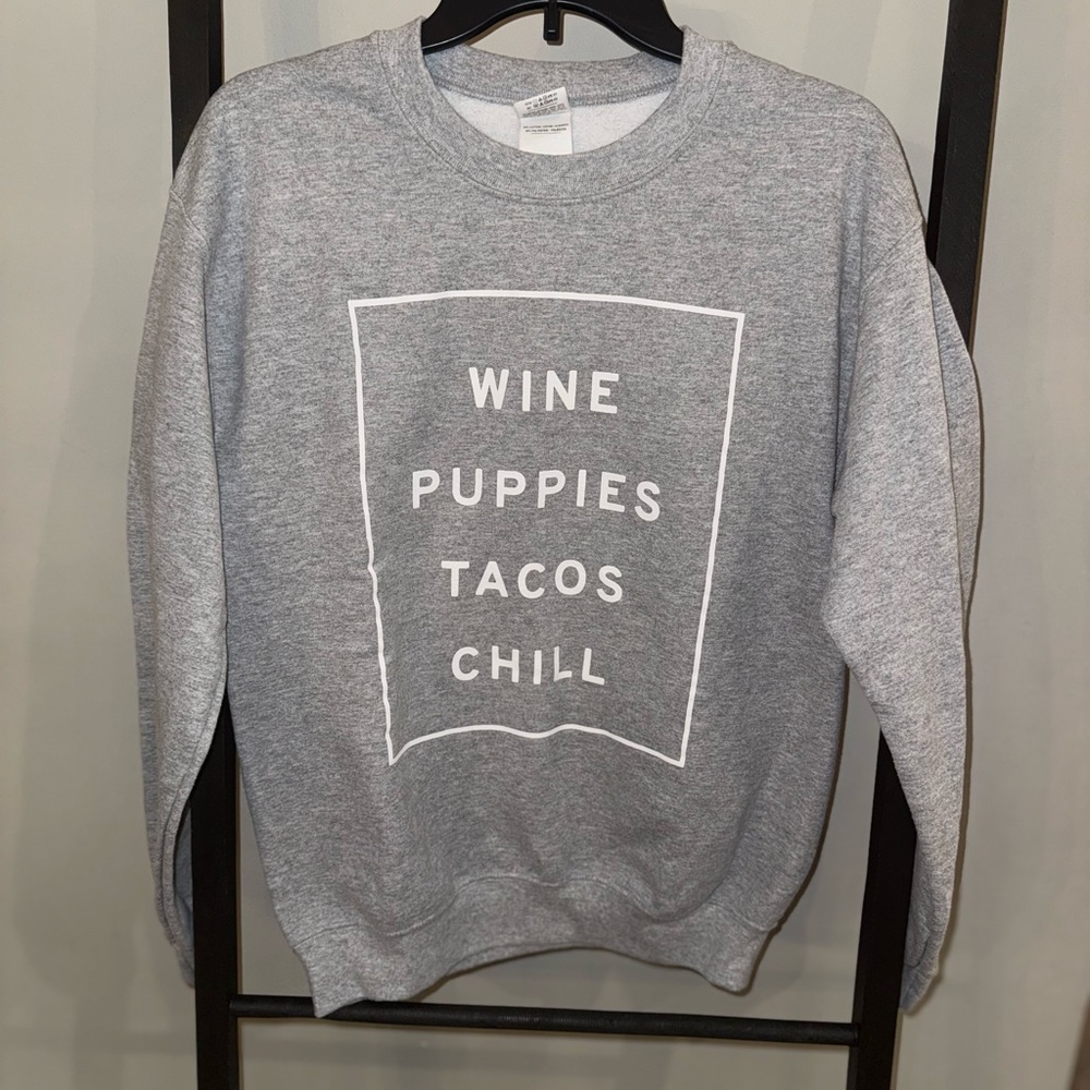 Wine Puppies Tacos Chill Gildan Gray Crewneck Sweater